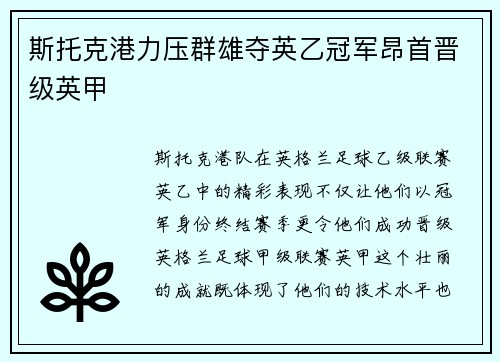 斯托克港力压群雄夺英乙冠军昂首晋级英甲